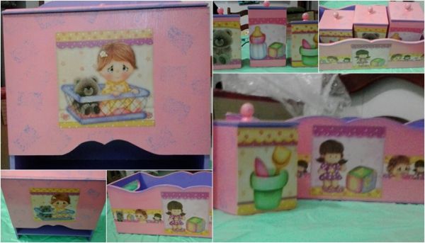 Kit de bebê feminino (porta fraldas + cesta + 3 potinhos)